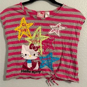 Hello Kitty Pink and Gray Striped Tee with Colorful Stars
